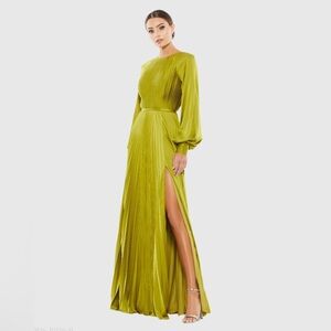 Mac Duggal Long Sleeve High-Neck Pleated Gown – Size 10 | Apple Green